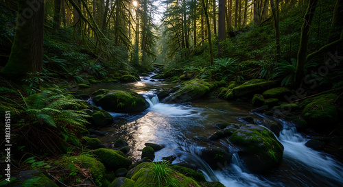 A stream flows through a lush green forest with moss covered rocks and tall trees reaching for the sky ai generated