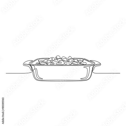 Casserole dish with food in minimalist line art style