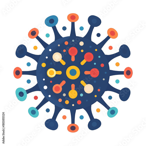Stylized Viral Vector Art with Dark Blue Body and Colorful Spikes against a White Background Concept Illustration