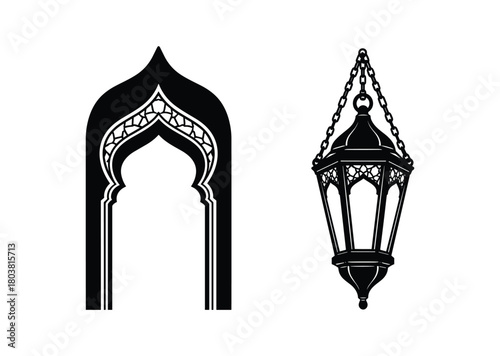 Islamic arch and hanging lantern decoration. Oriental arch, oriental lantern for holiday, greeting, banner, backdrop.