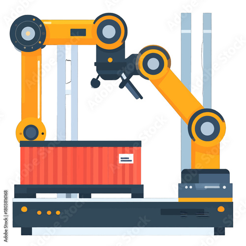 Automated Robotic Arm System Lifting Red Container on Platform Against White Background