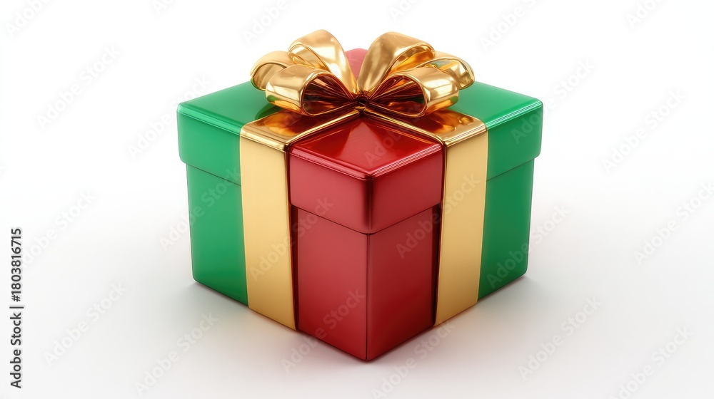 Obraz premium The red and green gift box, tied with a gold ribbon bow, is perfect for celebrating Christmas, holidays, and special occasions, making it a wonderful surprise gift.