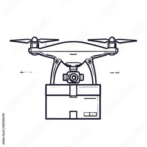 Drone Delivers Package Illustration in Line Art with White Background and Modern Delivery Solution