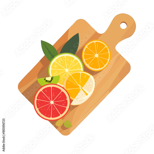 Vibrant Citrus Slices on Wooden Cutting Board with Fresh Leaves Top Down Flatlay Fruit Arrangement Still Life Kitchen Concept