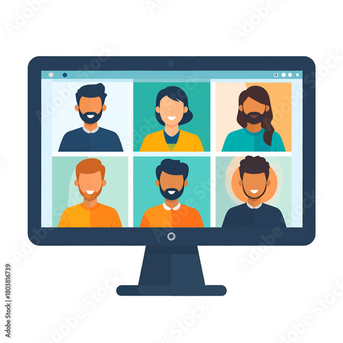 Desktop Computer Screen Displaying Six People in a Video Conference on Light Blue Background for Virtual Meeting and Remote Communication