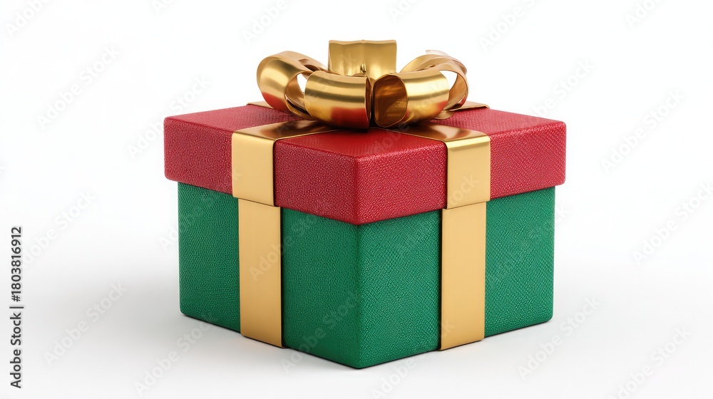 Obraz premium The red and green gift box, tied with a gold ribbon bow, is perfect for celebrating Christmas, holidays, and special occasions, making it a wonderful surprise gift.