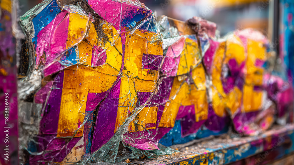 Fototapeta premium A colorful, cracked sign displaying the word 'PEACE' in bold letters. The vibrant colors include yellow and purple, symbolizing harmony and unity.