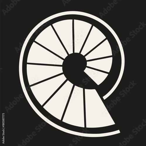 Minimalist White Spiral Staircase Icon on a Black Background Representing Evolution and Liminal Space