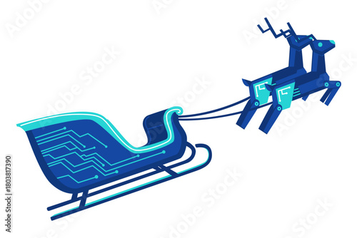 Robotic reindeer pulling a futuristic high-tech Christmas sleigh