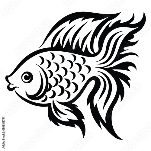 Striking black fish swims left, adorned with curved stripes and flowing fin