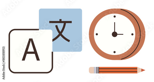 Alphabet block, translation character, clock, and pencil emphasize language, communication, time, and education. Ideal for productivity, learning multitasking organization global teamwork