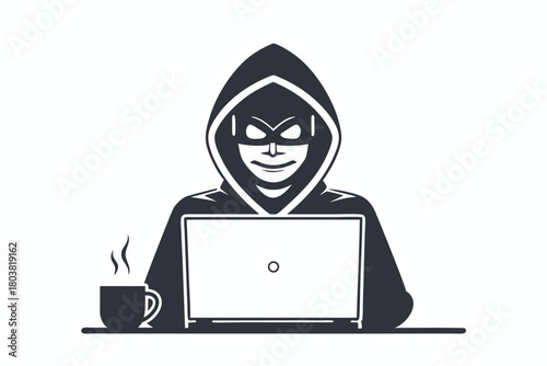 Smiling masked figure in hoodie works on laptop with steaming cup