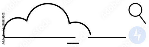Cloud with magnifying glass and lightning bolt icon to represent data analysis, processing, agility, and innovation. Ideal for technology, business, research, efficiency, communication networking
