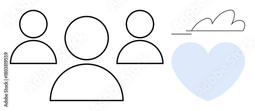 Three simple user icons alongside a light blue heart and cloud outline. Ideal for teamwork, community, collaboration, emotional well-being, health, support, connectivity. A simple flat metaphor