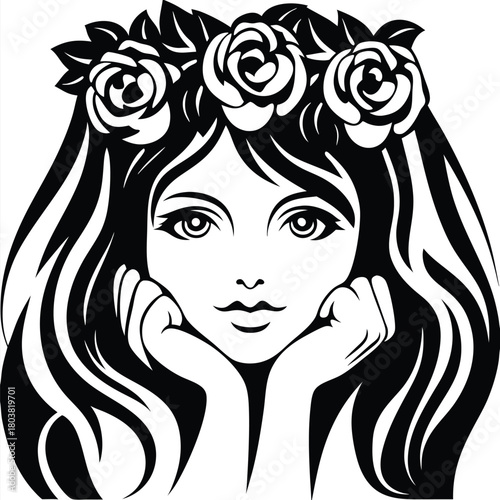 Striking monochrome portrait reveals a girl with rose crown supporting her chin with hands