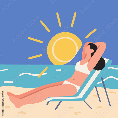 A woman in a swimsuit is relaxing on a beach chair under a bright sun by the seaside.