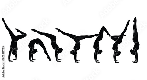 Dynamic silhouettes of women in handstand yoga poses on white backdrop
