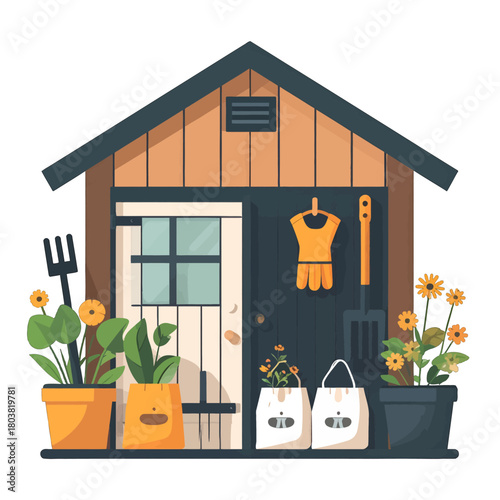 Quaint Wooden Shed with Gardening Tools and Potted Plants Illustration in a Garden Setting with Sunshine Lighting Style