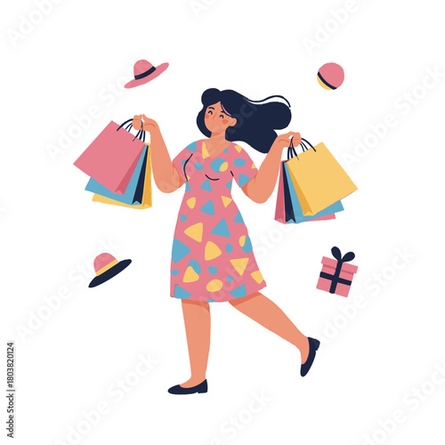 A woman in a colorful dress is happily holding shopping bags, enjoying a shopping spree with hats and a gift around.