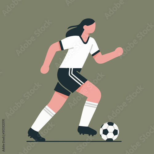 Illustration of a female soccer player in motion, running with a ball, showcasing athleticism and sports activity.