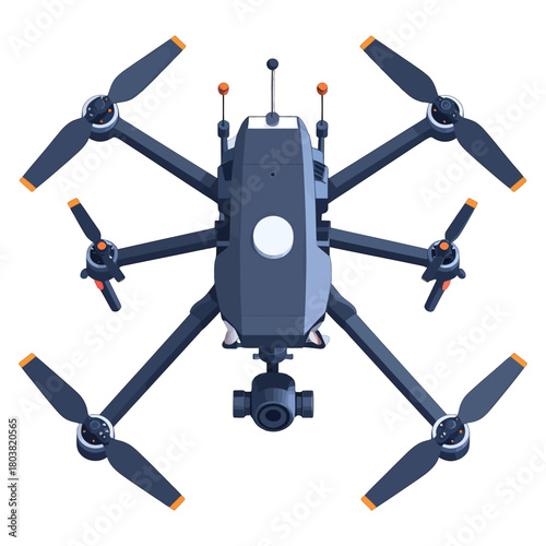 Isometric View of Dark Blue Quadcopter Drone with White Background