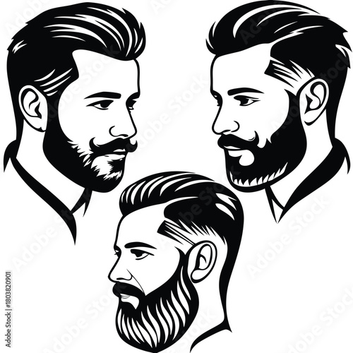 Stylish bearded men showcase retro hairstyle designs in bold black silhouettes for unique barbershop concepts