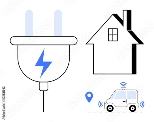 Electric plug with lightning bolt symbol near house and autonomous car with GPS signal. Ideal for energy, sustainability, electric vehicle, technology, innovation, smart home, connectivity. Simple