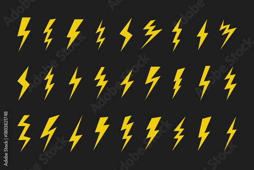 Lightning bolt or thunderbolt icon. Yellow flash icon set. Energy, thunder, charge, storm, power, blitz, electricity