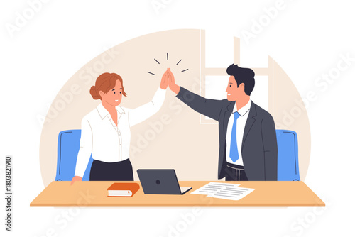 Illustration of High Five and Team Success. Two colleagues are giving a high-five, representing celebration, teamwork, and the successful of business goals in a supportive office environment