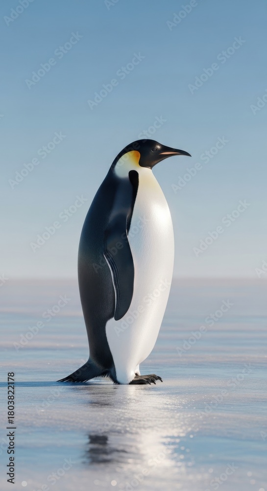 Naklejka premium Majestic emperor penguin stands tall on icy shore under clear blue sky.