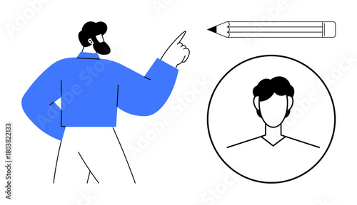 Man pointing at a pencil alongside a minimalist circular profile portrait. Ideal for education, creativity, personal branding, user profile, design, communication, and artistry themes. Simple flat