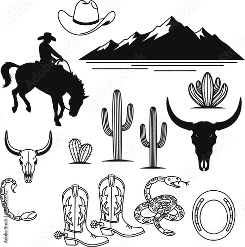 Set of animal vector icons featuring horse and cow silhouettes in a vintage black sketch style for a wild western farm nature collection isolated on white