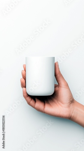 A person's hand gently holds a plain white ceramic mug against a solid, light blue background.