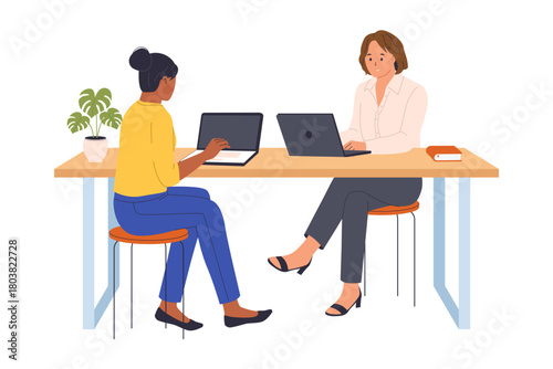 Illustration of Shared Working Spaces and Team Collaboration. This illustration depicts two colleagues working together on laptops at a shared desk, symbolizing teamwork and collaborative work