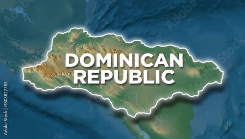 Map of the Dominican Republic, highlighting the country's geography and name in a vibrant, artistic depiction, showcasing its unique shape