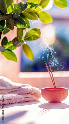 A serene scene featuring burning incense sticks, a stack of soft towels, and lush green leaves, bathed in gentle light.
