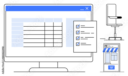 Computer monitor with a table interface, checklist overlay, office chair, and storefront promoting work, organization, productivity, e-commerce, task management, retail and home office in a simple