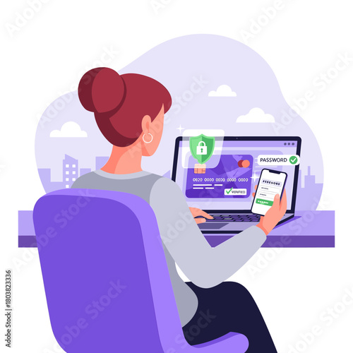 Woman using laptop and smartphone for online payment and security with city background