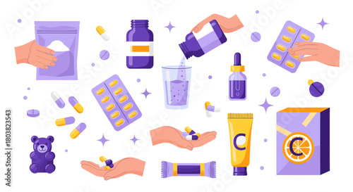 Collection of various vitamin and supplement products, including pills, capsules, gummy bears, and creams