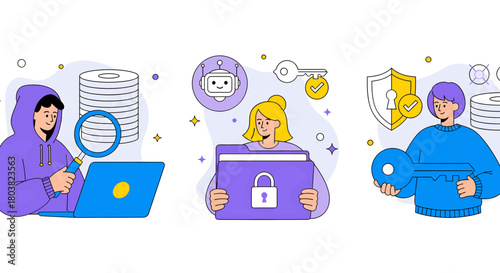 Cybersecurity concept with people working on data security and privacy protection