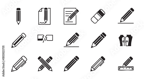 Set of pencil icons in various states of activity and disrepair