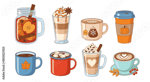 Collection of cozy autumn drinks in various cups and mugs, isolated on