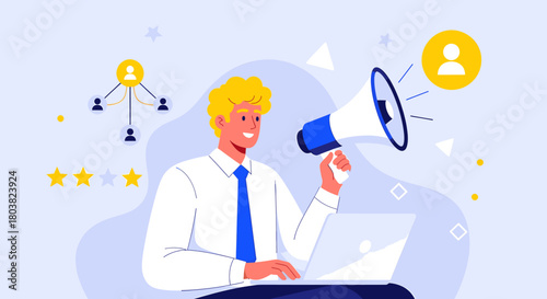 Man with megaphone and laptop promoting business and customer engagement with network connections and stars