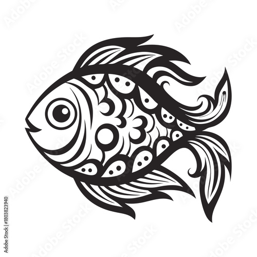 Stylized black and white fish displays swirling, patterned scales, with detailed fins and eye