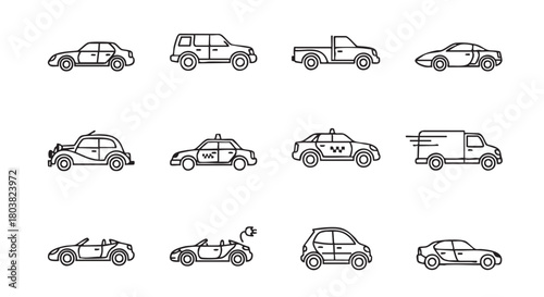 Set of various car model line icons on white background vector