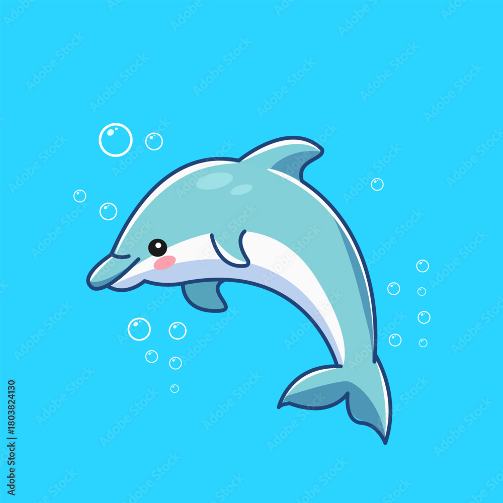 Fototapeta premium Cute Dolphin Swimming in Blue Water with Bubbles Vector Illustration Cartoon Design