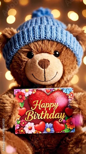 Teddy bear holding birthday card with festive lights background