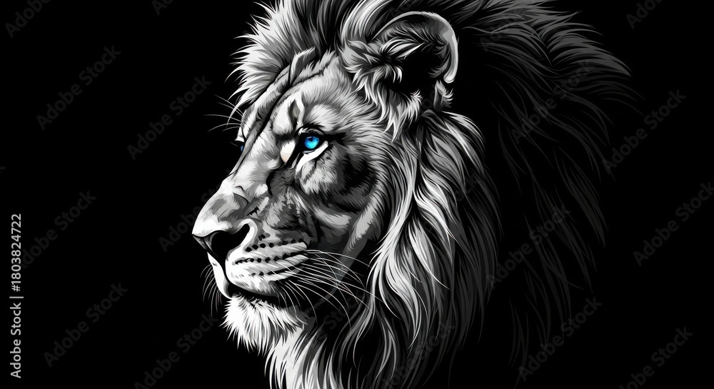 Naklejka premium Majestic lion with bright blue eyes and flowing mane on black background.