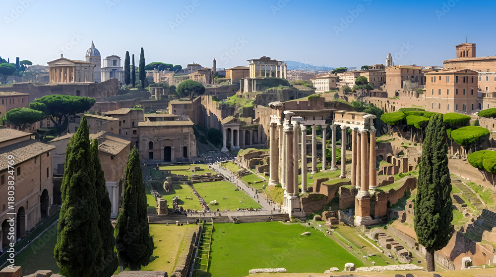 Fototapeta premium View of Roman Forum in Rome, Italy. Starting from the right: the Temple of Vespasian and Titus, the Temple of Saturn, the remains of the Basilica Julia and Palatine Hill.