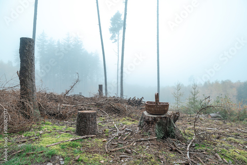 Foggy autumn forest. Nature walk for mushrooms. deforestation